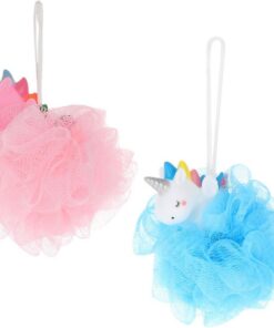 OUNONA 2 Stück Einhorn Duschschwamm aus PE Netz für Sanfte Körperreinigung und Angenehme Anwendung mit Aufhängeschlaufe für Bad und Haushalt