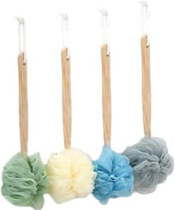 VALICLUD Badewannenbürste mit Langem Holzgriff 4 Stück Weiche Nylon Badebälle für Porentiefe Reinigung Rückenmassage Hautpflege Dusche