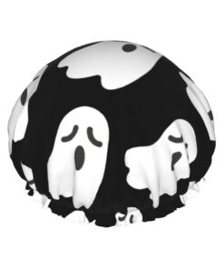 Badekappe mit niedlichem weißem Geistermuster, Halloween-Muster, für langes Haar und kurzes Haar, waschbares Gummiband, Badehaarmut für langes Haar, Zopf