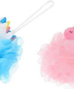 Healvian Einhorn Duschbälle 2 Stück aus Hautfreundlichem Kunststoff Dichtes Netzgewebe Stark Schäumend Kinder Badezubehör Spa Badeschwamm Rosa Blau