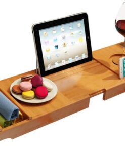 Natürlichen Bamboo Badewanne ablage, Badewanne tisch Mit der erweiterung der seiten Multifunktion Anti-rutsch Weinregal Tablet-halter Badewannenbretter + bad kissen-Holzfarbe A 75x23x4.5cm(30x9x2inch)