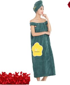 Women's Wearable Shower Skirt, Soft Wearable Water Absorbent Bathing Skirts, with Dry Hair Hat, Easy to Put On, Super Absorbent, Four Seasons Wearable, for Gym Shower Bath (Green,L)