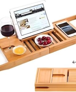 Creative Factory Luxuriöses Badewannen-Tablett, vier Abstellräume auf dem Brett, mit grauem Stoff für elektronische Tablet-Halter oder ein Buch, Seife oder Telefon, Weinglas (natürliche