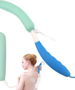 39 cm Rückenbürste mit Schwamm, Rückenschrubber Badnetz mit rutschfestem, gebogenem langem Griff für ältere Menschen, Baden und Duschen