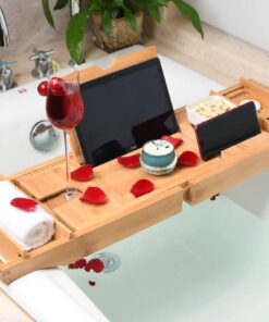 Badewannen-Tablett aus Bambus, Badewannen-Organizer, Badezimmer-Tablett, erweiterbar mit Handy und Weinhalter für Luxusbad oder Lesen