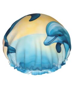 Badekappe mit Delfinen in Love, bedruckt, für langes Haar und kurzes Haar, waschbar, elastisches Band, Badehaarmütze für langes Haar, Zopf