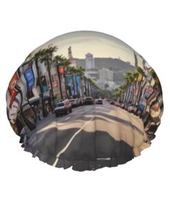 Hollywood Boulevard Druck Duschhaube Doppelschicht Wasserdichte Badekappe Elastische Wiederverwendbare Duschhut Für Frauen Damen Spa Salon