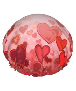 Love Heart Shape Shower Cap for Women Men Large Reusable Shower Bonnet Double-Layer Waterproof Bath Caps Elastic Band Hair Hat for All Hairstyles, Travel Friendly