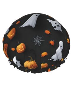 Badekappe mit niedlichem Halloween-Muster, für langes Haar und kurzes Haar, waschbares Gummiband, Badehaarmut für langes Haar, Zopf