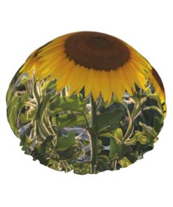 Badekappe mit Sonnenblumen-Blumendruck, für langes und kurzes Haar, waschbar, elastisches Band, Badehaarmut für langes Haar, Zopf