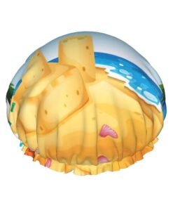 Badekappe mit Cartoon-Strand-Sandhaus-Druck, für langes Haar und kurzes Haar, waschbares Gummiband, Badehaarmut für langes Haar, Zopf