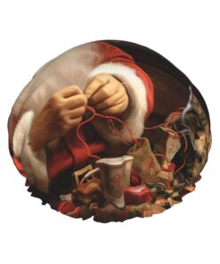 Weihnachtsmütze mit Weihnachtsmann-Nähbaum, Katzendruck, Duschhaube für Damen, doppellagig, wasserdicht, elastisch, wiederverwendbar, Duschhut, Haarschutz, Badehut für Spa, Salon, Baden für Damen