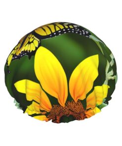 Badekappe mit Sonnenblumen-Schmetterlings-Aufdruck, für langes und kurzes Haar, waschbar, elastisches Band, Badehaarmut für langes Haar, Zopf