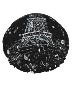 Night Paris Duschhaube mit Eiffelturm-Aufdruck, groß, waschbar, elastisches Band, Badehaar, Duschhaube