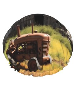 Old Wooden Barn with Rusted Tractor Shower Cap for Women Men Large Reusable Shower Bonnet Double-Layer Waterproof Bath Caps Elastic Band Hair Hat for All Hairstyles, Travel Friendly