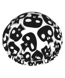 Badekappe mit Totenkopf-Aufdruck, für langes und kurzes Haar, waschbar, elastisches Band, Badehaarmütze für langes Haar, Zopf