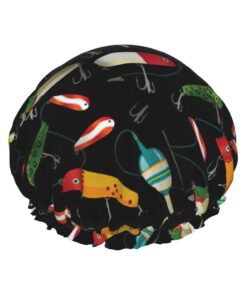 Badekappe mit Fischköderaufdruck, für langes Haar und kurzes Haar, waschbar, elastisches Band, Badehaarmut für langes Haar, Zopf