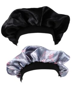 OUNONA 2 Stück-pack Satin Schlafhauben mit Breitem Rand Haarschonend und Bequem für Schlaf und Haarpflege Haarschutzhauben in Schwarz und Grau