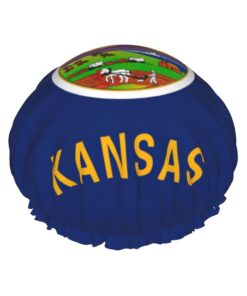 Kansas State Flag Print Shower Essentials Bonnet For Women, Large Washable Elastic Band Bath Hair Wrap Shower Cap