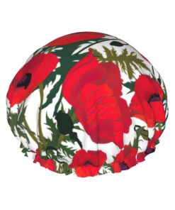 Badekappe mit Mohnblumen-Motiv, für langes und kurzes Haar, waschbar, elastisches Band, Badehaarmütze für langes Haar, Zopf