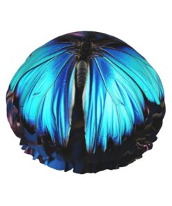Blaue Schmetterlings- und Bambus-Duschhaube für Frauen, wiederverwendbar, doppellagig, Badekappe, Haarkappen, wasserdicht, elastisches Band, Damen, Spa, Salon, Duschhut, Haarkappen
