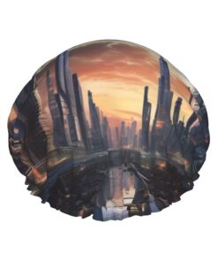 City Scape bedruckte Duschhaube für Damen, wasserdichte Badekappen, wiederverwendbar, doppellagig, Duschhut, Bade-Duschkappen für Männer und Damen, Spa, Salon