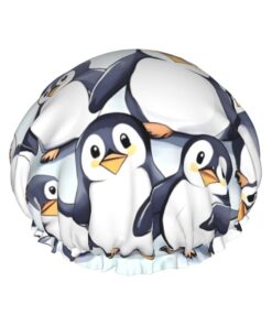 Many Cute Baby Penguins Sketch Shower Cap for Women Men, Adjustable Reusable Shower Bonnet Double Layer Waterproof Bath Caps, EVA Lining, Elastic Band Hair Cap for All Hair Lengths