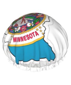 Minnesota State Flag Map Print Large Waterproof Shower Bonnet For Women Long Hair, Washable Elastic Band Bath Hair Hat