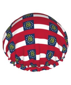 Georgia State Flag Print Large Waterproof Shower Bonnet For Women Long Hair, Washable Elastic Band Bath Hair Hat