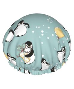 Duschkappe mit Pinguin-Motiv, Schneeflocken-Druck, wiederverwendbar, wasserdicht, doppellagig, mit elastischem Band, Einheitsgröße