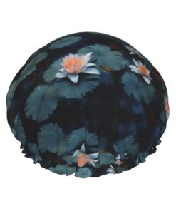 Lily Pads Duschhaube mit Blumendruck, groß, wasserdicht, für Damen, langes Haar, waschbar, elastisches Band, Badehaarmut