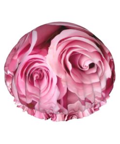 Badekappe mit rosa Rosenmuster, für langes und kurzes Haar, waschbar, elastisches Band, Badehaarmut für langes Haar, Zopf