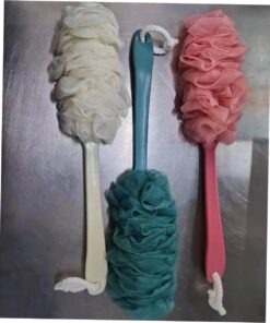 VALICLUD 3 Stück Teiliges Duschschwamm Langem Griff Weiche Eng Gewebte Badblume zum Sanften Peeling und Gründlichen Reinigen Inklusive Aufhängeschlaufe in Beige Rosa und Blau für