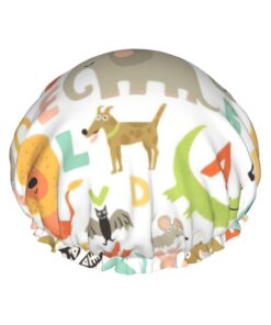 Shower Zoo Alphabet Animal Print Cap For Women Reusable Waterproof Double Layered Shower Hair Cap With Elastic Strap,One Size