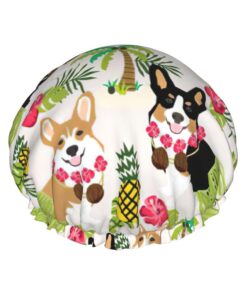 Badekappe mit tropischer Blume und Corgi-Druck, für langes Haar und kurzes Haar, waschbar, elastisches Band, Badehaarmut für langes Haar, Zopf