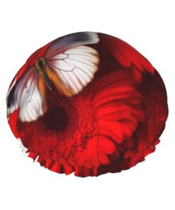 Rote Blume und Schmetterling Druck Duschhaube Doppelschicht Wasserdichte Badekappe Elastische Wiederverwendbare Duschhut Für Frauen Damen Spa Salon