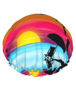 Badekappe mit Sonnenuntergangspalmen-Druck, für langes Haar und kurzes Haar, waschbar, elastisches Band, Badehaarmut für langes Haar, Zopf