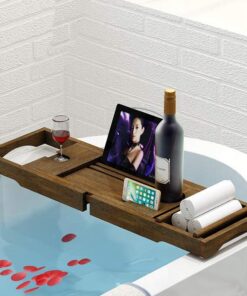 MU Haushaltsregale Regale Holz Luxus Bambus Badewanne Caddy Tablett, verstellbare Badtisch ausziehbare rutschfeste Seiten, passt auf Jede Wanne Racks