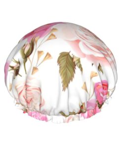 Badekappe mit Blumenmuster, Rose, rosa Druck, für langes Haar und kurzes Haar, waschbar, elastisches Band, Badehaarmut für langes Haar, Zopf