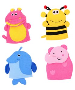 STOBAZA 4 Stück-Pack Peeling Badehandschuhe mit Cartoon Tiermotiven Sanft Leicht für Kinderbad und Dusche