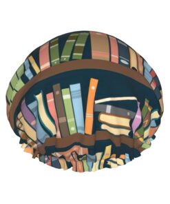 Cartoon-Bücherregal-Bücherwurm-Druck, Badekappe für langes Haar und kurzes Haar, waschbares Gummiband, Badehaarmut für langes Haar, Zopf