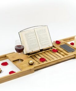 OVENTE Badewannentablett Caddy, erweiterbarer Bambus-Badewannentablett, Holzwannenbrett mit Büchern, Tablets, Telefon- und Weinglashalter, Badezimmerzubehör und Home Spa Essentials, Holz BTC20228