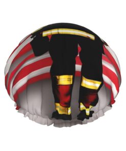 Duschhaube, Motiv: Feuerwehrmann mit USA-Flagge, wiederverwendbar, wasserdicht, schnell trocknend, Rot gestreift