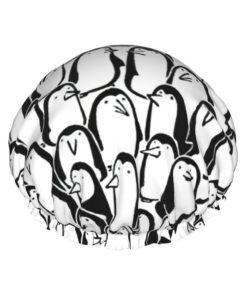 Stilvolle Badekappe mit Pinguinmotiv, für langes Haar und kurzes Haar, waschbar, elastisches Band, Badehaarmut für langes Haar, Zopf