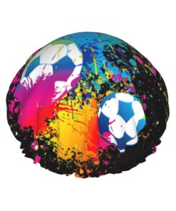 Badekappe mit buntem Fußballdruck, für langes und kurzes Haar, waschbar, elastisches Band, Badehaarmut für langes Haar, Zopf