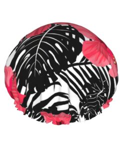 Badekappe mit rotem Hibiskusdruck, für langes Haar und kurzes Haar, waschbar, elastisches Band, Badehaarmut für langes Haar, Zopf