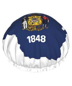 Wisconsin State Flag Map Print Large Waterproof Shower Bonnet For Women Long Hair, Washable Elastic Band Bath Hair Hat
