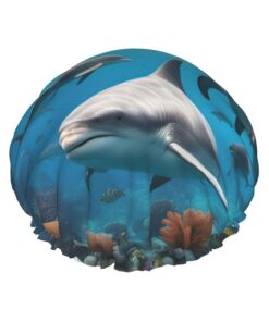 Delfine Sea Turtle Shark Octopus Coral Print Badekappe für langes Haar und kurzes Haar, waschbares Gummiband Badehaarmut für langes Haar, Zopf