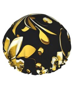 Badekappe mit schwarzem und goldenem Blumendruck, für langes Haar und kurzes Haar, waschbar, elastisches Band, Badehaarmut für langes Haar, Zopf