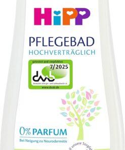 HiPP hochverträglich Pflegebad, mit Panthenol und Bio-Mandelextrakt, parfumfrei & hypoallergen, perfekt für trockene Haut, bei Neigung zu Neurodermitis, 200ml